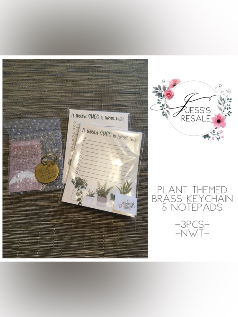 🆕HANDMADE - NWT - PLANT THEMED BRASS KEYCHAIN AND TWO NOTEPADS